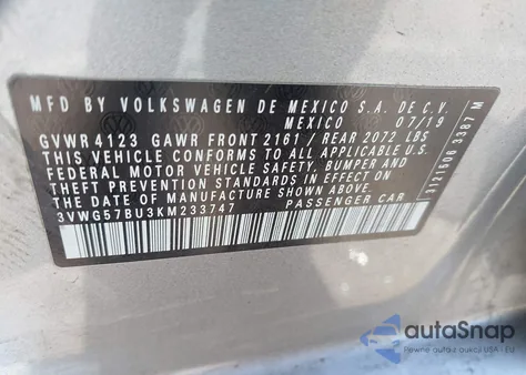 2019 Volkswagen Jetta 1.4T Sel Premium from USA, damaged, VIN 3VWG57BU3KM233747